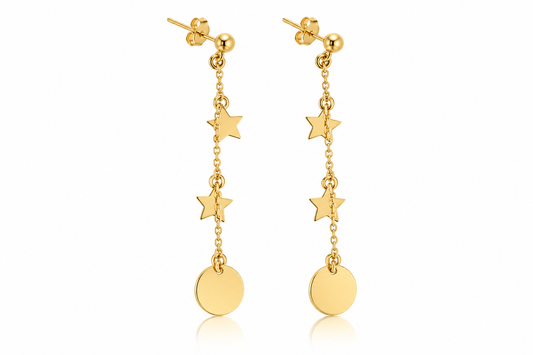 Aretes colgantes de estrellas y círculos en oro amarillo de 14K | 610067LQ
