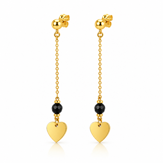 Aretes largos de corazón con cristal negro en oro amarillo de 14K | 610069LQ