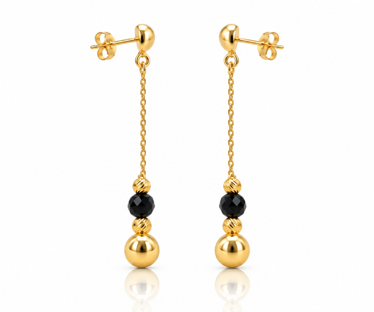 Aretes largos de bolitas con cristal negro en oro amarillo de 14K | 610070LQ