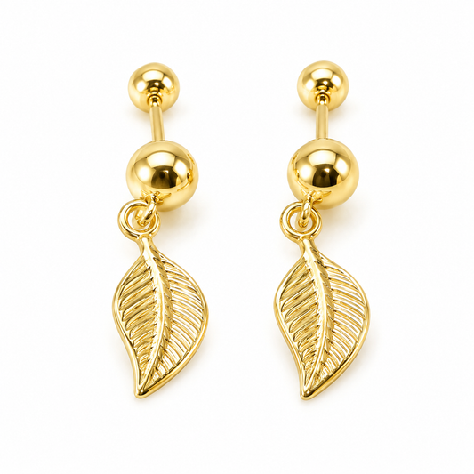 Aretes colgantes de hoja y bolita en oro amarillo de 10K | 61AR10077LQ
