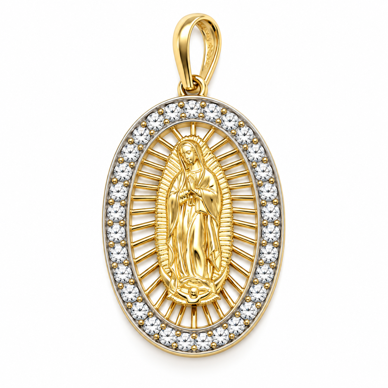 6310101LQ Medalla de la Virgen de Guadalupe en oro de 10 Kilates con piedras circonias