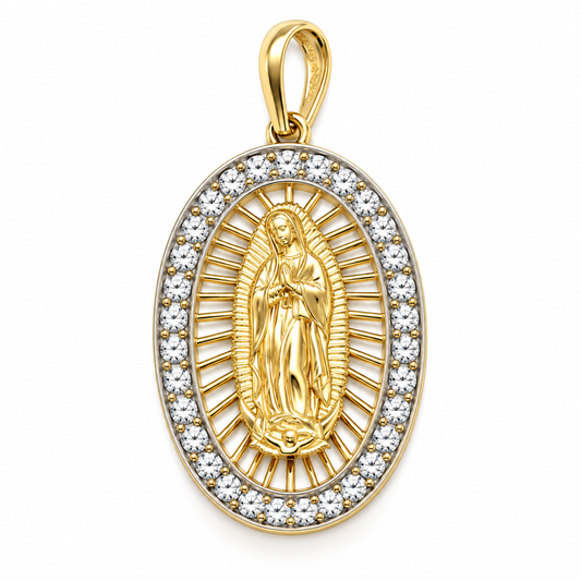 6310101LQ Medalla de la Virgen de Guadalupe en oro de 10 Kilates con piedras circonias