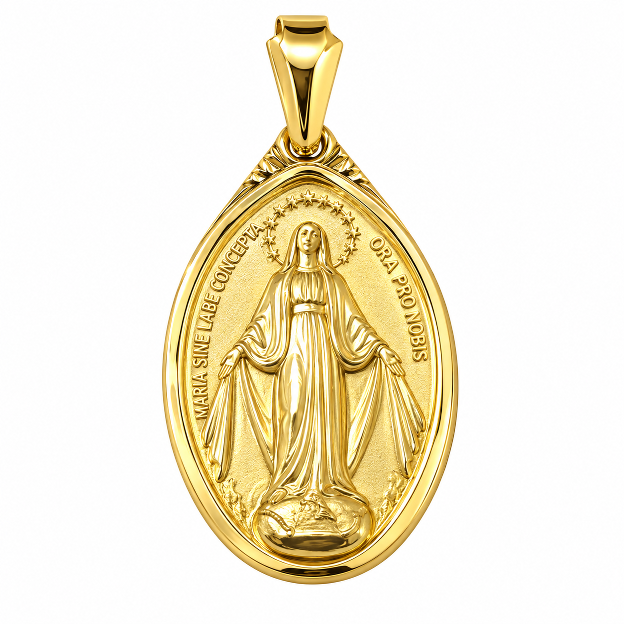 6330022LQ Medalla en oro amarillo de 10 ó 14 Kilates con imagen de la Virgen Milagrosa con doble vista.