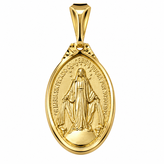 6330023LQ Medalla en oro amarillo de 10 ó 14 Kilates con imagen de la Virgen Milagrosa con doble vista.
