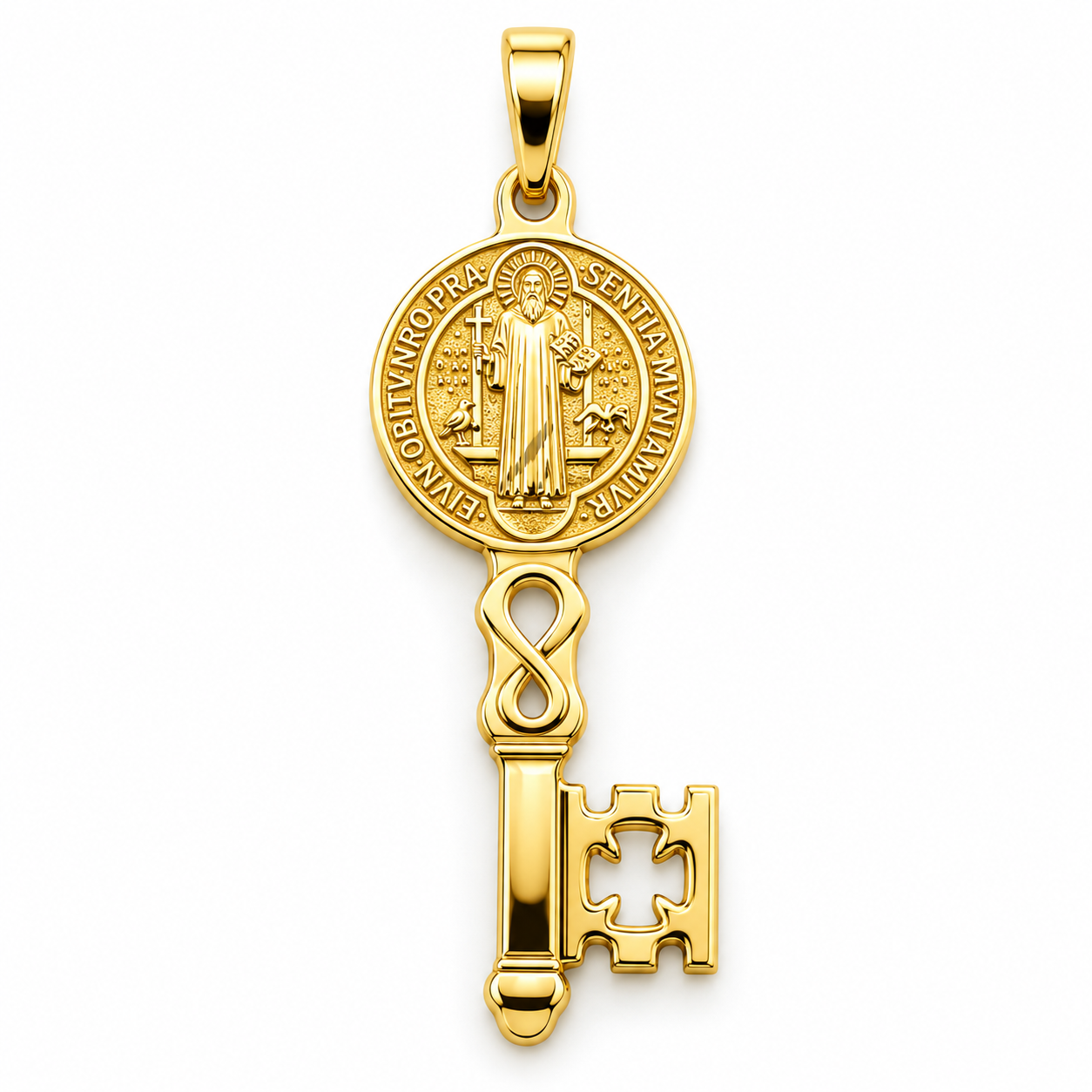 6340077LQ Llave de San Pedro con imagen de San Benito en oro amarillo.