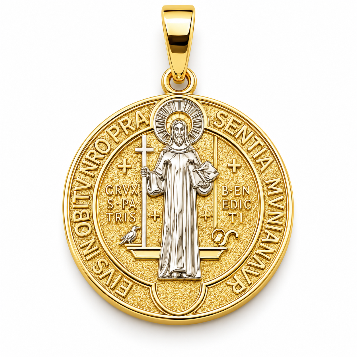 6340079LQ Medalla de San Benito en oro amarillo con detalles en blanco de 14 Kilates
