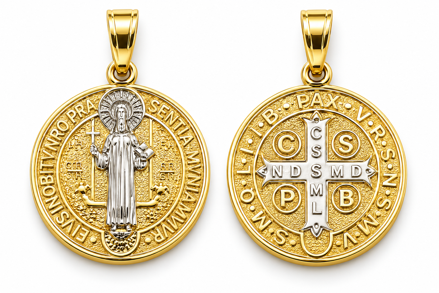 6340079LQ Medalla de San Benito en oro amarillo con detalles en blanco de 14 Kilates