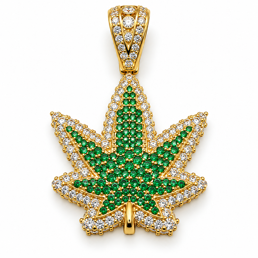 Dije de hoja de marihuana con circonias en oro amarillo de 10K | 6510031LQ